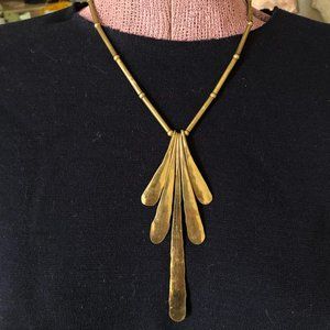 Vintage 70s Brutalist Hammered Brass Drop Geometric Choker Necklace